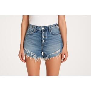 We The Free Denim Blue High Waisted Distressed Frayed Hem Grommet Button Fly Sho